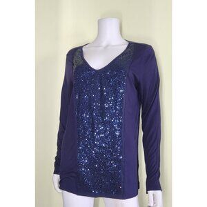 Apt. 9 Knit Woven Sequin Tee Blouse Womens Large Nordic Navy Embellished Luxe